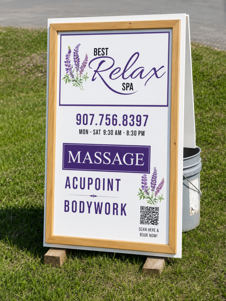 Best Relax Spa business sign in Homer, Alaska